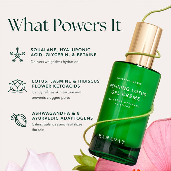 What Powers Refining Lotus Gel Creme. Squalane, hyaluronic acid, glycerin, and betaine deliver weightless hydration. Lotus, jasmine, and hibiscus flower ketoacids gently refine skin texture and prevent clogged pores. Ashwagandha and 8 ayurvedic adaptogens calm, balance, and revitalize the skin.